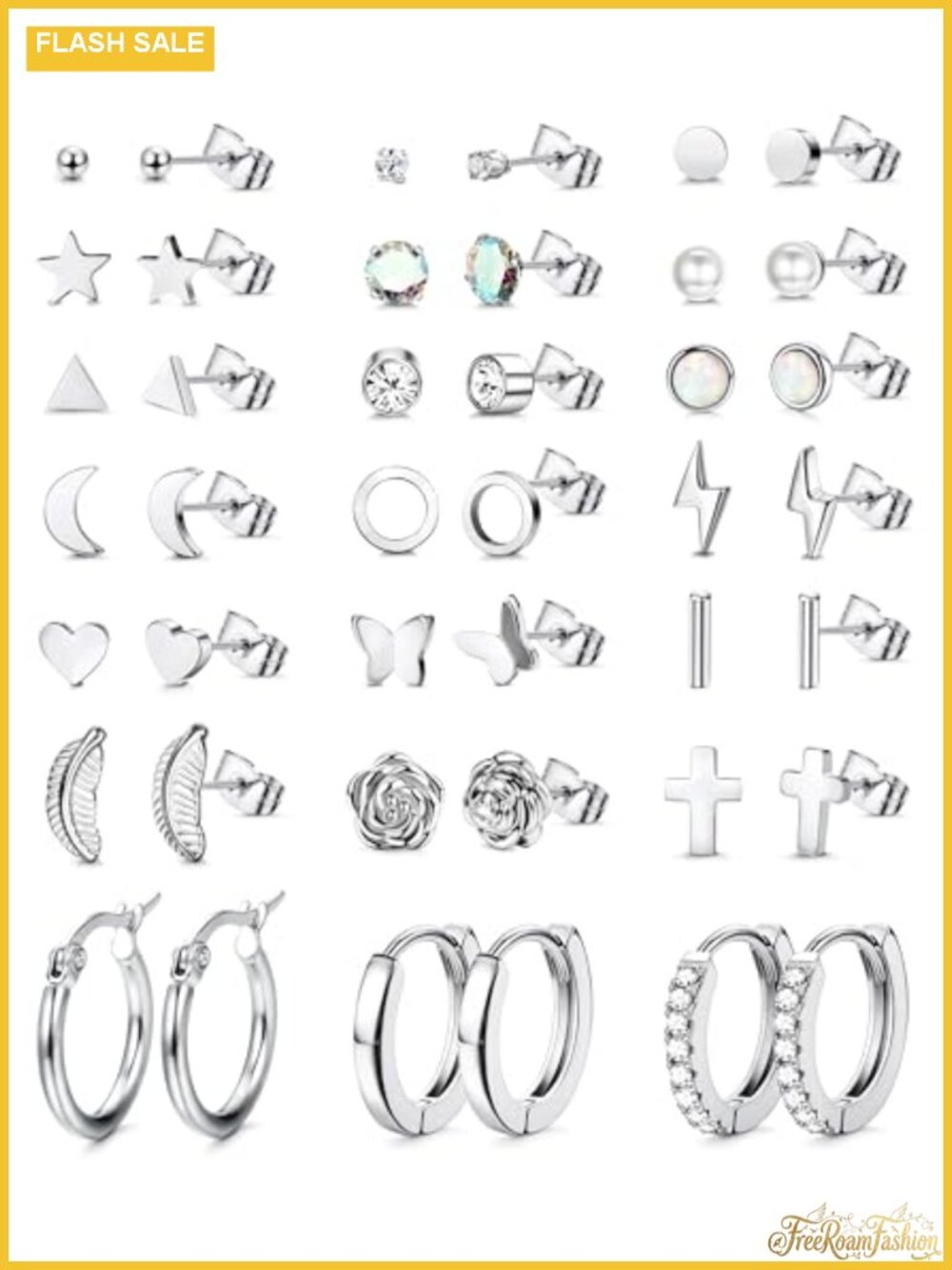 18 Pair Stud & Hoop Earring Set Stainless Steel Hypoallergenic Dainty Jewelry